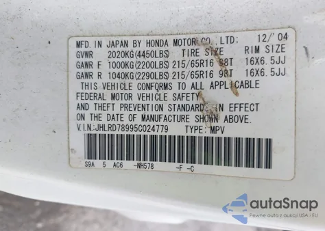 2005 Honda Cr-V Se z USA, uszkodzony, nr VIN JHLRD78995C024779